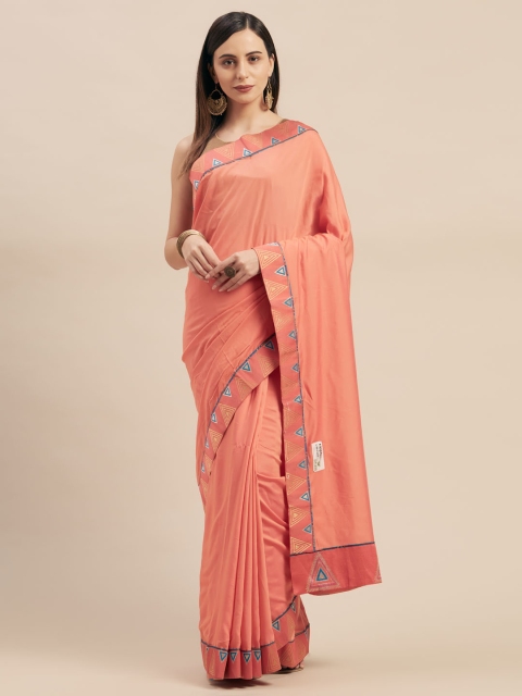 

Mitera Peach-Coloured Solid Poly Silk Saree