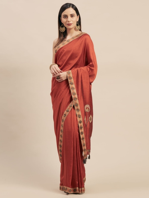 

Mitera Rust Solid Silk Blend Saree