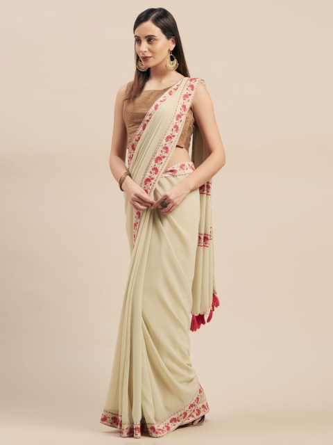 

Mitera Beige Embroidered Poly Georgette Saree