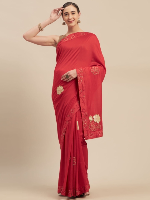 

Mitera Pink Embroidered Poly Silk Saree
