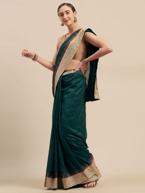 

Mitera Teal Green Solid Silk Blend Saree