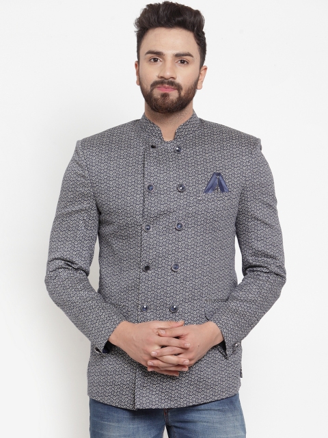 

KLOTTHE Men Grey & Off-White Printed Slim-Fit Bandhgala Blazer