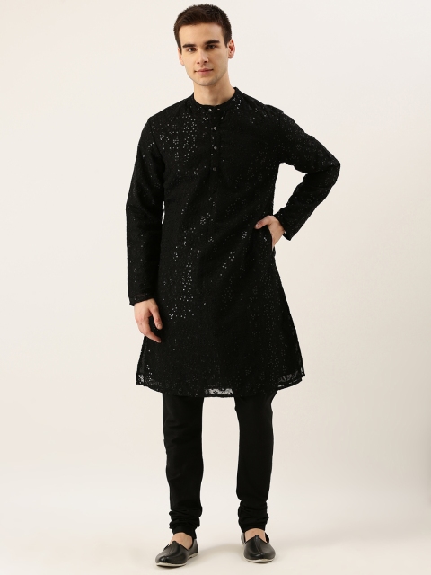 

House of Pataudi Men Black Embroidered & Sequinned Kurta with Churidar