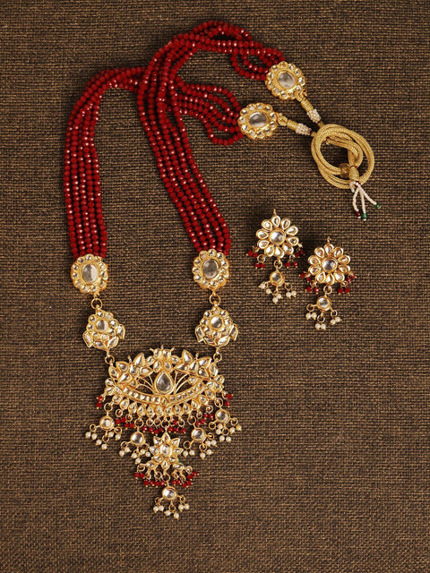 

Fabstreet Gold-Plated Red & White Kundan Meenakari Jewellery Set