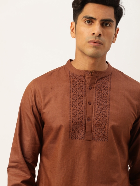 

House of Pataudi Men Brown Yoke Design Embroidered Straight Kurta