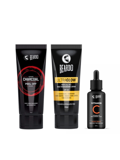 

BEARDO Unisex Set Of Charcoal Peel Off Mask & Moisturising Lotion & Vitamin C Facial Serum, Black