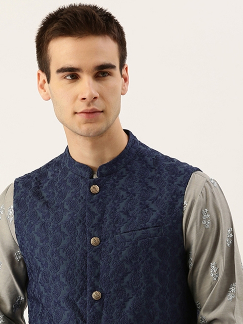 

House of Pataudi Men Navy Blue Embroidered Nehru Jacket