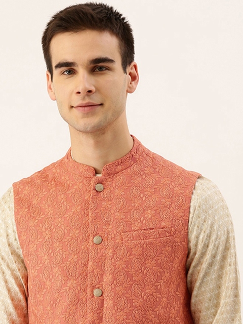 

House of Pataudi Men Peach Embroidered Nehru Jacket