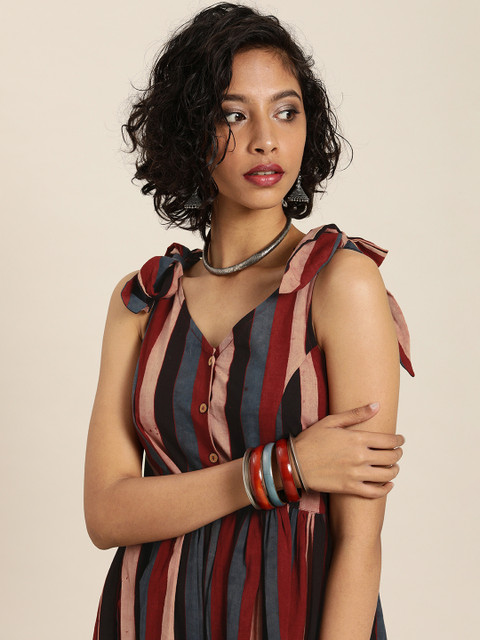 

Taavi Women Multicoloured Ajrakh Hand Block Print A-Line Sustainable Dress with Tie-Ups, Multi