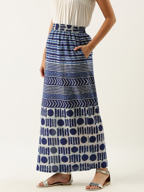 

Taavi Women Navy Blue & Off-White Indigo Hand Block Print Sustainable Maxi Straight Skirt