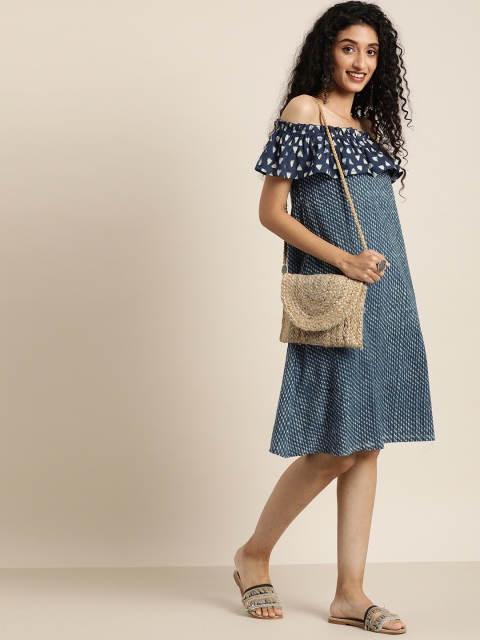 

Taavi Women Blue & White Indigo Hand Block Print A-Line Sustainable Dress with Ruffle Detail
