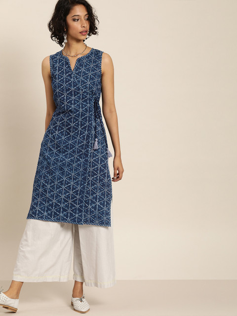 

Taavi Women Blue & White Indigo Hand Block Print Sustainable Straight Angrakha Kurta with Tie-Up, Navy blue
