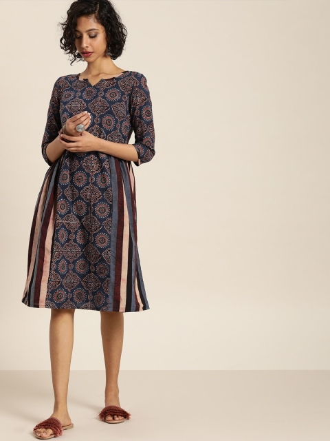 

Taavi Women Blue & Brown Ajrakh Hand Block Print A-Line Sustainable Dress with Gathers