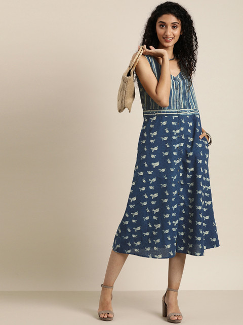 

Taavi Women Blue & White Indigo Hand Block Print A-line Sustainable Dress with Pockets