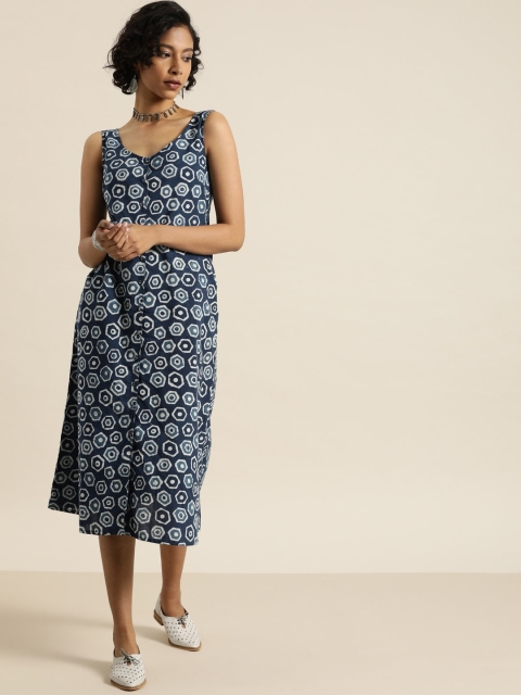 

Taavi Women Blue & White Indigo Hand Block Print A-Line Sustainable Dress With Insert Pockets