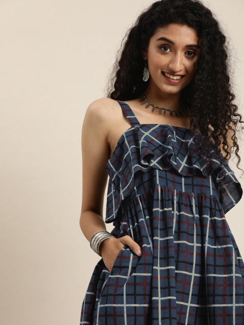 

Taavi Women Navy Blue & White Indigo Hand Block Print A-Line Sustainable Dress with Pockets