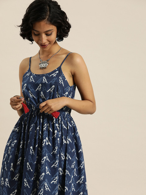 

Taavi Women Navy Blue & White Block Print Legacy A-Line Midi Sustainable Dress With Tie-Ups