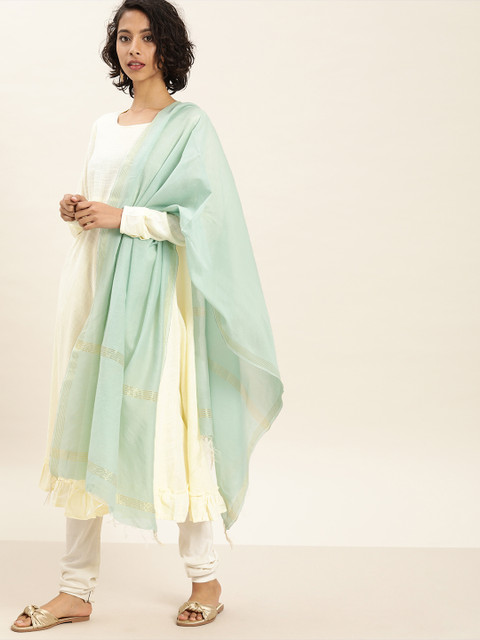 

Taavi Women Sea Green Solid Woven Legacy Sustainable Dupatta with Tassles