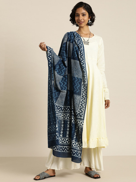 

Taavi Women Indigo Hand Block Printed Sustainable Dupatta, Navy blue