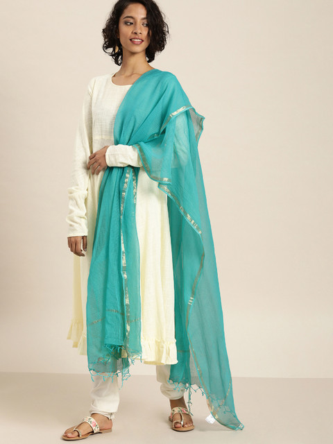 

Taavi Women Turquoise Blue Woven Legacy Sustainable Dupatta With Zari Border