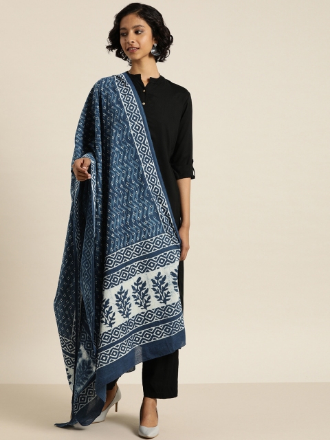 

Taavi Women Indigo Hand Block Printed Sustainable Pure Cotton Dupatta, Navy blue