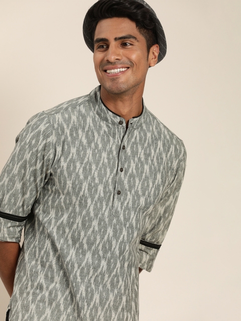 

Taavi Men Grey & Beige Ikat Woven Design Straight Sustainable Kurta with Mandarin Collar