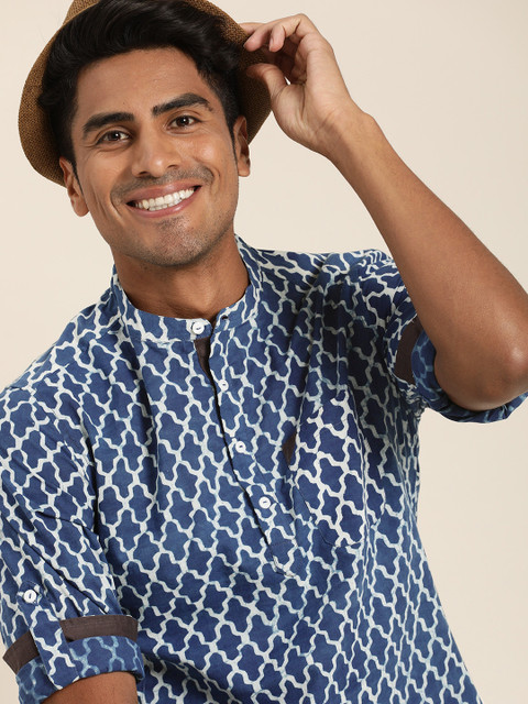 

Taavi Men Blue & White Indigo Hand Block Printed Sustainable Straight Kurta With Roll-Up Sleeves