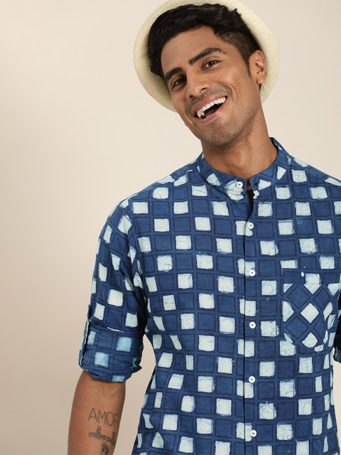 

Taavi Men Navy Blue & White Indigo Hand Block Printed Casual Sustainable Shirt With Roll-Up Tabs