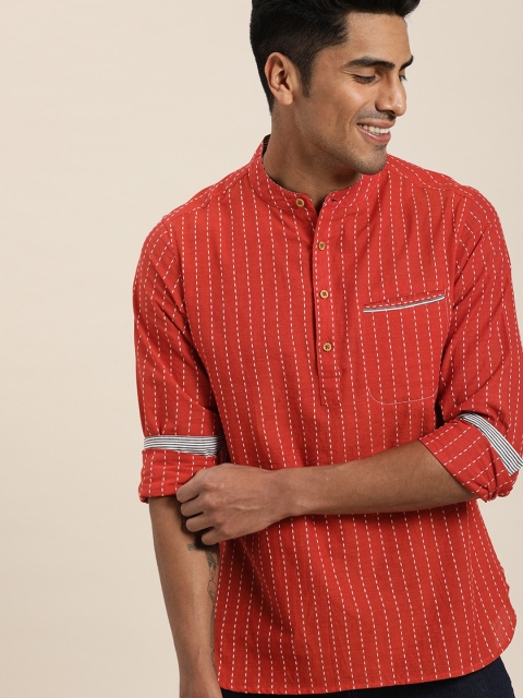 

Taavi Men Red & White Woven Legacy Straight Sustainable Kurta With Chest Pocket
