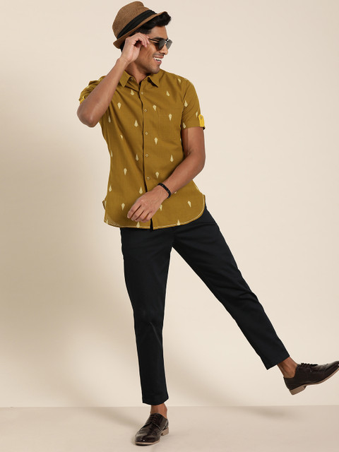 

Taavi Men Mustard Yellow Woven Design Handloom Woven Legacy Shirt with Roll-Up Sleeves