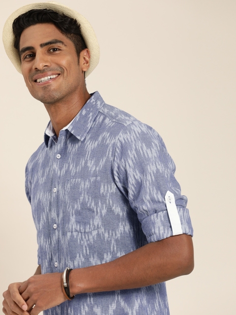 

Taavi Mben Blue & White Ikat Woven Design Regular Fit Shirt with Roll-Up Sleeves