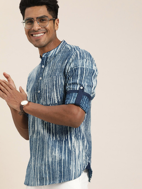

Taavi Men Blue & White Indigo Hand Block Printed Sustainable Straight Kurta With Roll-Up Sleeves