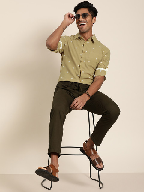 

Taavi Men Khaki Woven Design Handloom Woven Legacy Sustainable Shirt with Roll-Up Sleeves