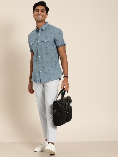 

Taavi Men Blue Woven Design Handloom Woven Legacy Shirt with Roll-Up Sleeves