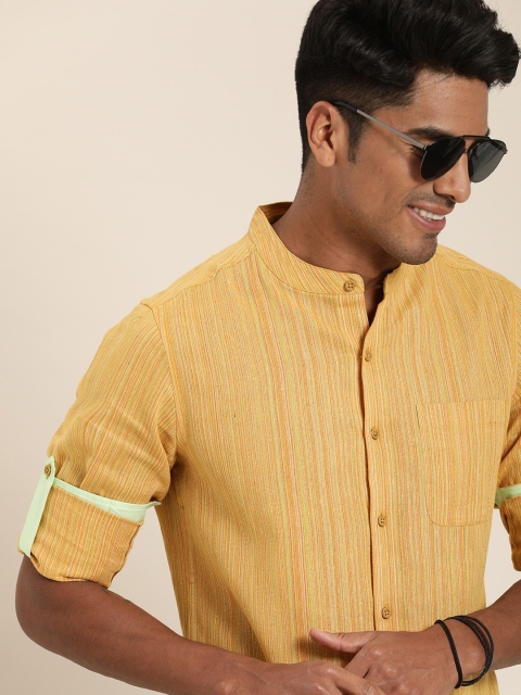 

Taavi Men Mustard Yellow Handloom Woven Legacy Sustainable Shirt with Roll-Up Tab