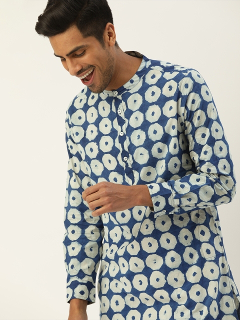 

Taavi Men Blue & Off-White Indigo Hand Block Printed Straight Kurta with Side Pockets