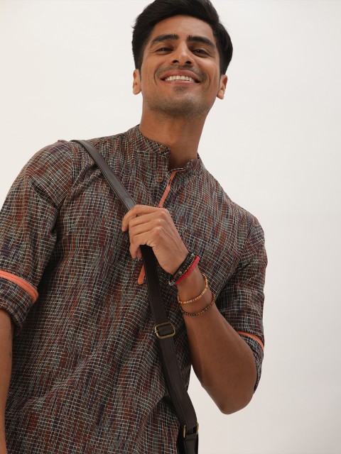 

Taavi Men Brown & White Ikat Woven Design Straight Sustainable Kurta with Mandarin Collar
