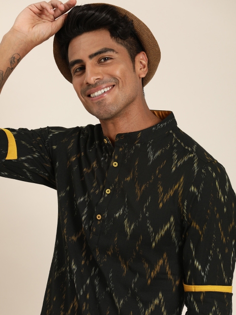 

Taavi Men Black & Mustard Yellow Ikat Woven Design Straight Sustainable Kurta with Mandarin Collar
