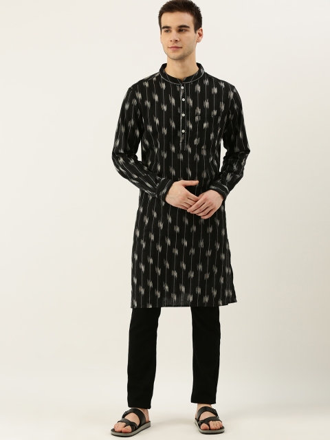 

Taavi Men Black & Off-White Ikat Woven Design Straight Sustainable Kurta with Pockets