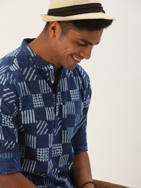 

Taavi Men Blue & White Indigo Hand Block Printed Straight Sustainable Kurta With Mandarin Collar