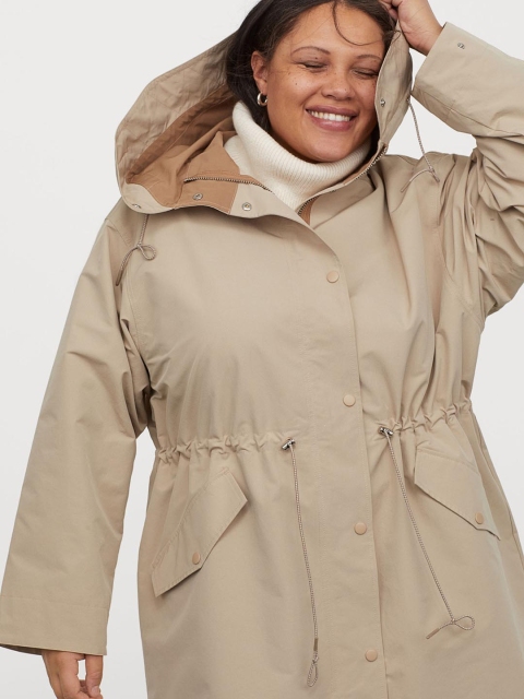 

H&M Plus Women Beige Solid Hooded Sustainable Parka