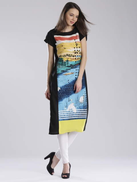 

W Black & Blue Panelled Quirky Print Kurta