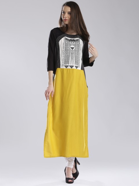 

W Black & Mustard Yellow Tangram Embroidered Kurta