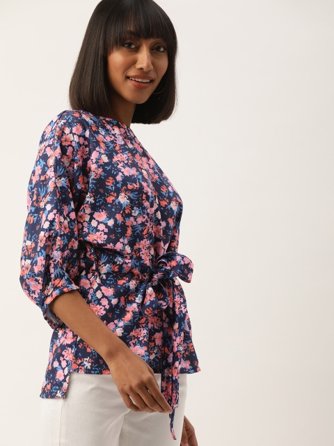 

NUSH Women Navy Blue & Pink Printed Top