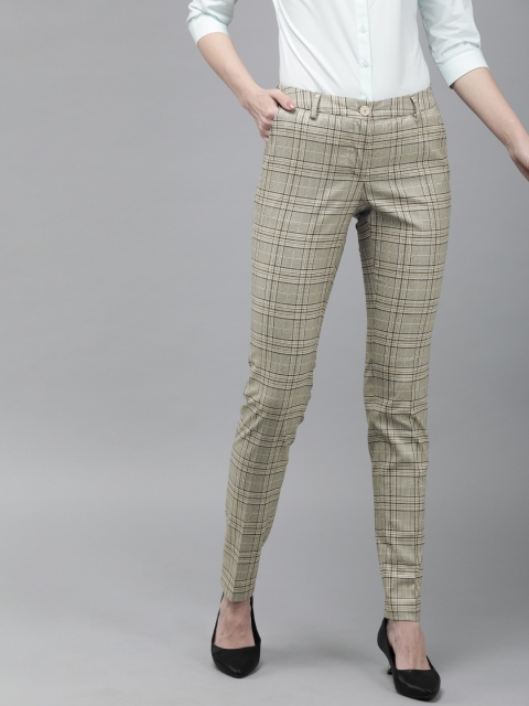 

Park Avenue Women Beige & Yellow Tapered Fit Checked Formal Trousers
