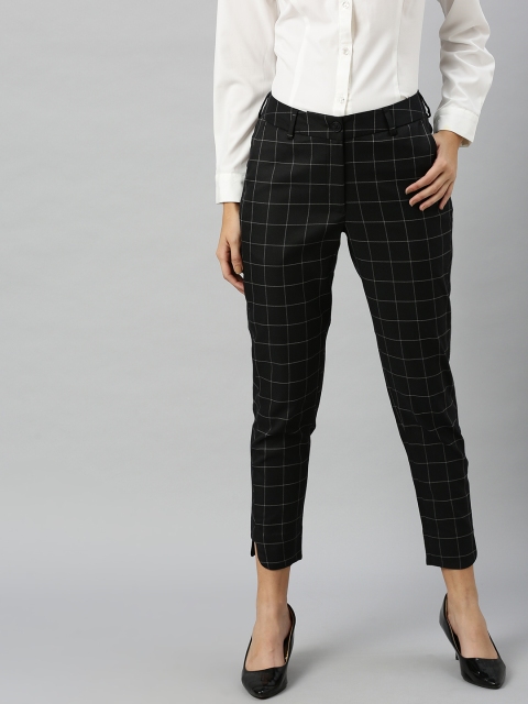 

Park Avenue Women Navy Blue & White Smart Slim Fit Checked Regular Cropped Trousers