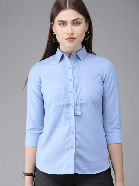 

Park Avenue Woman Blue Slim Fit Solid Formal Shirt with Pleated Detailing