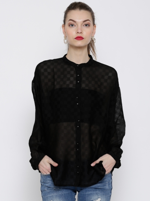 

Tokyo Talkies Black Self-Checked Sheer Boxy Shirt