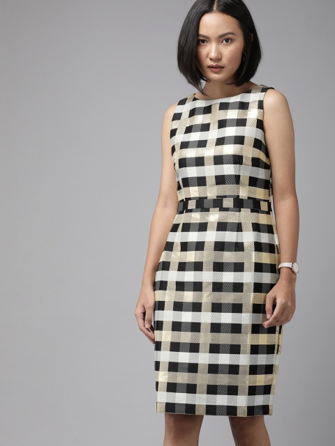 

Park Avenue Women Black & Gold-Coloured Checked Sheath Dress