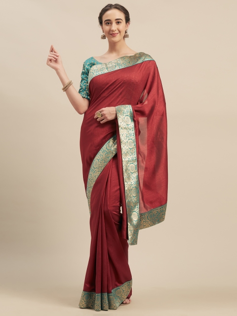 

Kvsfab Maroon & Sea Green Pure Georgette Solid Saree